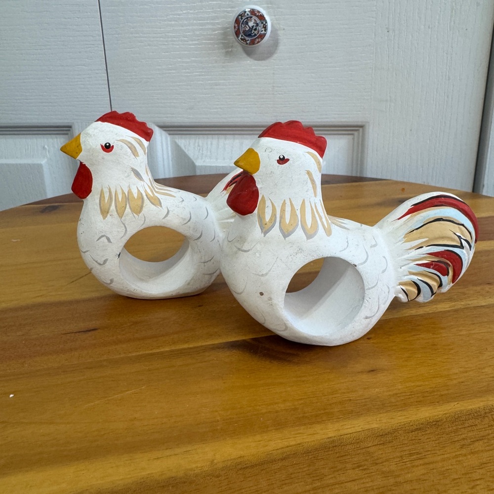 Vintage carved wood hand painted rooster napkin rings set of 2